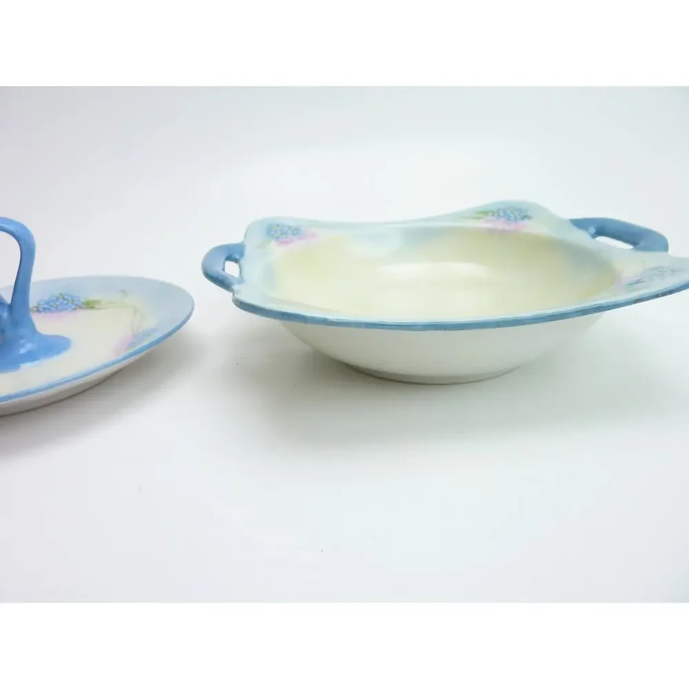 Vintage Made in Japan Blue Forget Me Not Covered Candy Dish Bowl Lidded Handle